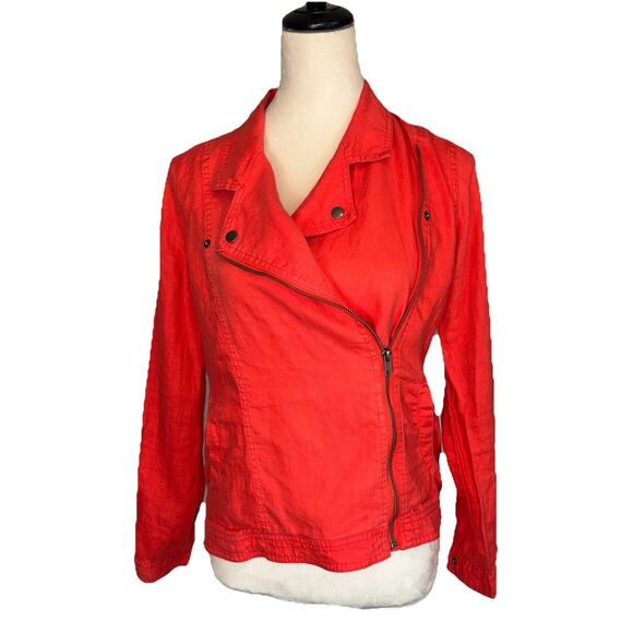 Cynthia Rowley Linen Jacket Womens Small Coral Asymmetrical Zipper Moto Style - Picture 1 of 8
